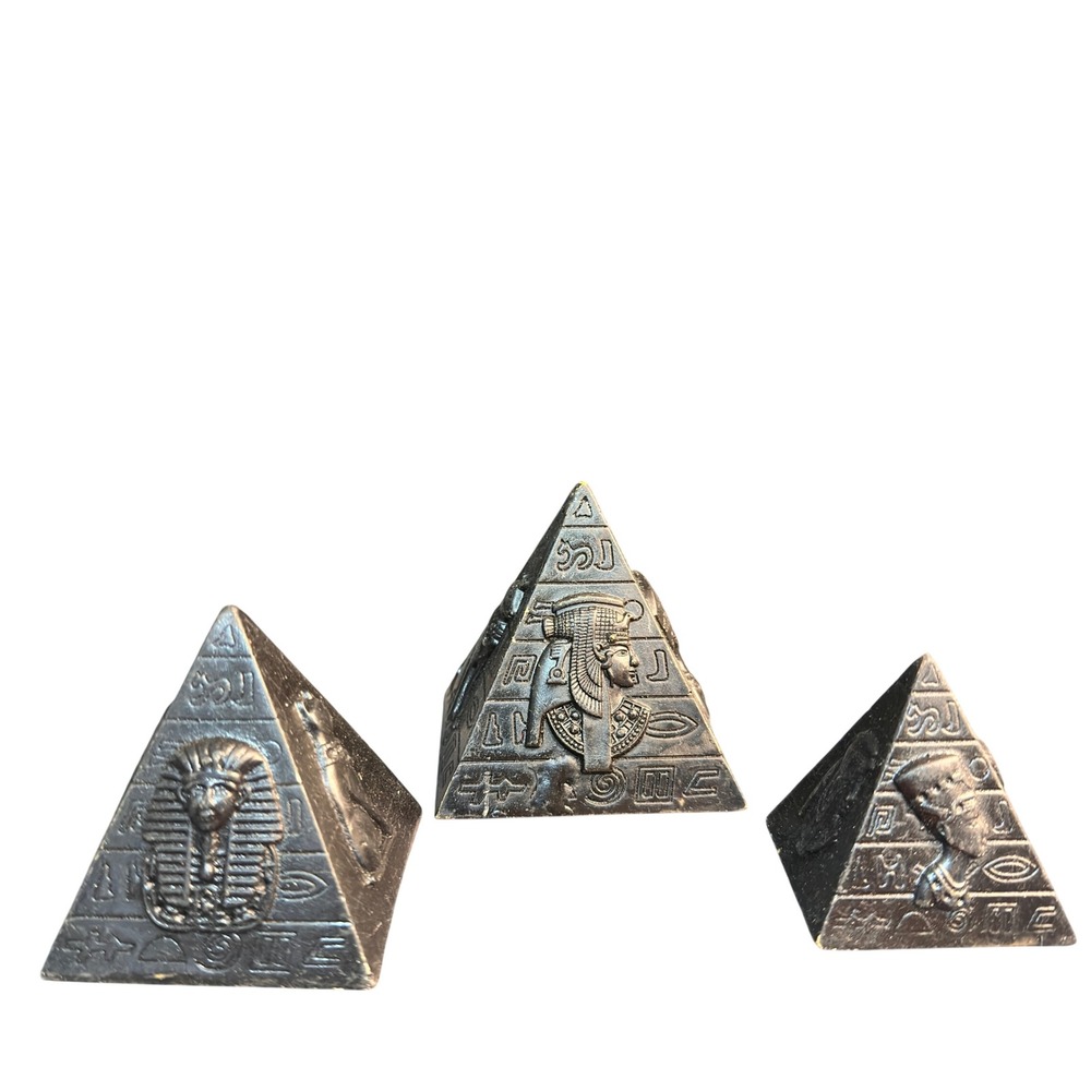 Egyptian Pyramid Figurine Set 3 King Tut Nefertiti Hieroglyphic Decor Grey Resin